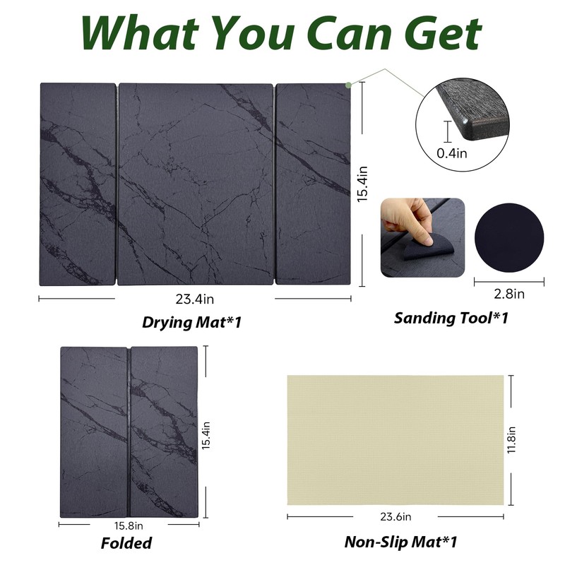 Large Stone Drying Mat for Kitchen Counter, 24"x16" Collapsible Quick