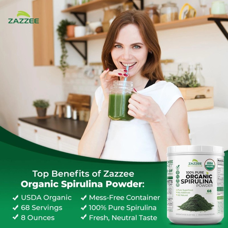 Zazzee Organic Spirulina Powder, 8 Ounces, USDA Certified, 68 Servings,