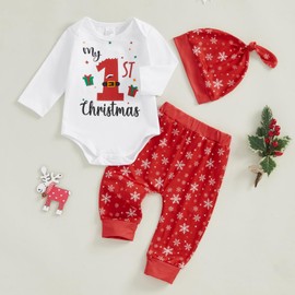Christmas Costume Suit My First Christmas Outfit 0-18M Toddler Infant Boys Girls Costume Christmas Clothes Set Christmas Romper Jumpsuit Bodysuit Snowflake Print Pants (White, 12-18 Months)