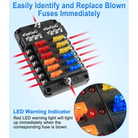 Telsitine 12 Way Fuse Box, 12V Blade Fuse Block, 12 Circuit with Negative Bus Waterproof Fuse Box Holder with LED Indicator for 12V/24V Automotive Golf Cart Truck Car Boat Marine RV Van Vehicle