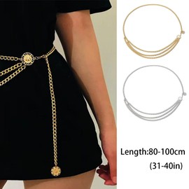2Pcs Fashionable Layer Waist Chain Belt Beautiful Charming Multilayer Metal Waist Chain Decorative Adjustable Belly Chain Belts for Women Dresses Jeans
