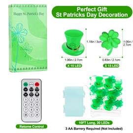 KAiSnova St Patricks Day String Lights 10FT 30 LEDs Leprechaun Hat and Shamrock String Lights Battery Powered with Remote Green Irish Decor Clover Fairy LED Decorative Lights for Bedroom Indoor Party