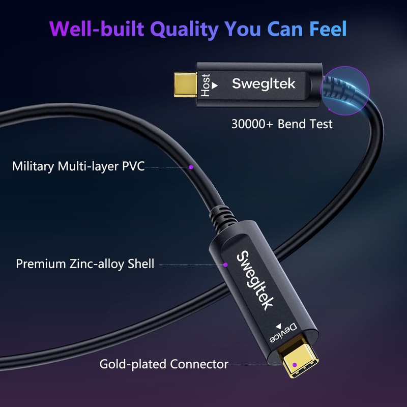 swegltek Fiber Optic USB C Cable(50ft),10Gbps High Speed Data Transfer