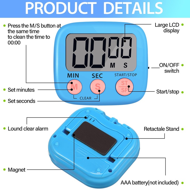 Leumoi 24 Pcs Digital Kitchen Timer Magnetic Timer Bulk On/Off