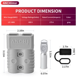 175 Amp Power Quick Disconnect Connector, 600 V, 1/0 AWG Jumper Cable Connect/Disconnect Plug for Recovery Winch, Towing Systems,with Dust Cover, 2 PC Grey