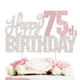 Nelbiirth Decoración para tartas con diamantes de imitación plateados y rosados de feliz 75 cumpleaños - Letrero de metal brillante para decoración de tartas con texto en inglés "Cheers to 75 years Old 75th Birthday"