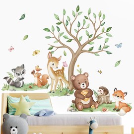 wondever Woodland Animal Tree Wall Stickers Bear Fox Deer Raccoon Peel and Stick Wall Art Decals for Baby Nursery Kids Bedroom Living Room
