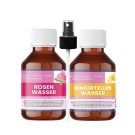 Organic Rose Hydrolate & Organic Immortelle Hydrolate - 2 x 250 ml - Includes 1 x Atomiser - 100% Natural Organic Hydrolate - for Skin, Hair & Aroma Care - Nakobe
