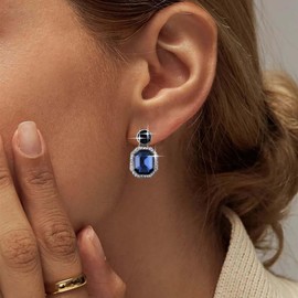 Aneneiceera Vintage Dark Sapphire Square Earrings Blue Cz Crystal Dangle Earrings Square Cut Sapphire Earrings Wedding Rhinestone Drop Earrings Jewelry for Women and Girls (Blue)