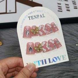 TENPAL 10Pcs Unique Ballerina Press On Nails With Tools,3D Butterfly Glitter Icy Sheer Designs GLue on Nails,Sculpted Coffin Bridal Party Vacation Acrylic Fake Nails for Women Girls,Duckbill Nails(M)