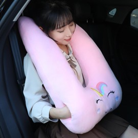 Kids Travel Pillow for Car Seat with Hand Muff, Soft Neck & Headrest Pillow for Car Road Trips Long-Distance Travel Sleeping Pillow for Adults and Children, Pink Unicorn