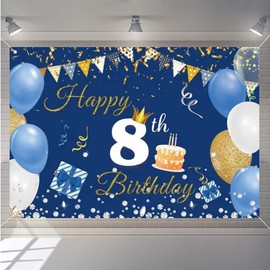 8th Birthday Decorations Happy 8th Birthday Backdrop Banner for Boys/Girls Happy 8 Years Old Fabric Sign Poster, Blue Photography Background Eighth Birthday Party Supplies, 59"x35.4"
