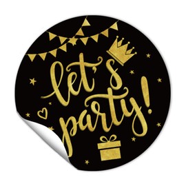 REWIDPARTY 1.5 Inch Round Party Stickers（80 Pieces） Black Gold Let's Party Stickers Birthday Party Favor Stickers Holiday Party Adhesive Stickers Anniversary Party Decorations Supplies for Adults