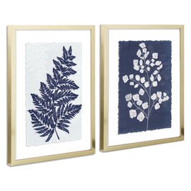 ArtbyHannah Blue Wall Art Gold Framed, Botanical Art on Handmade Deckled Edge Paper for Bathroom Bedroom Decor (2 Pack 12x16 inch, Gold Frame)