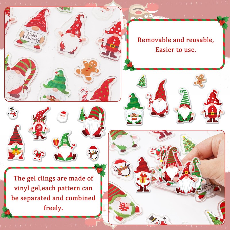 Whaline 46Pcs Christmas Thick Gel Clings Cute Xmas Gnome Design