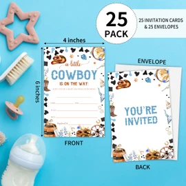 Western Baby Shower Invitations - A Little Cowboy Is On The Way - Fill In Style Double-Sided Invite Cards With Envelopes For Gender Reveal, Baby Announcement, Party Favor & Supplies(Set Of 25) - A07