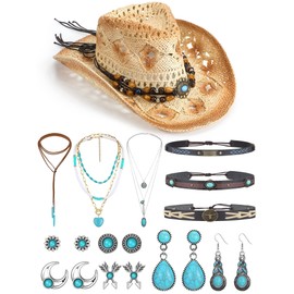 Unittype 14 Pcs Cowgirl Accessory Set Woven Straw Cowboy Hat with Cowboy Hat Band Bohemian Turquoise Jewelry for Woman