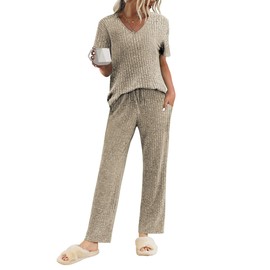 Ekouaer Lounge Sets for Women Ribbed Pajama Set Short Sleeve Top and Long Pants Set with Pockets Sleep Set Khaki