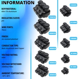AIRTAK 4Pcs Insulated Wire Connectors Black Splice Connector 3 Ports Multi Cable Soldering Lugs Single Side Entry Cable Splicers with Oxide Inhibitor (3/0-6 Wire Range)