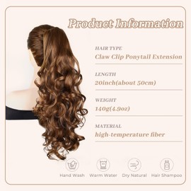 Brown Claw clip in Ponytail Extension 20in Curly Ponytail Hair Claw Extension Clip on Fake Ponytails for Women #Light Chestnut Brown