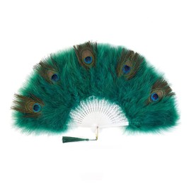 Yurosiay Feather Hand Fan Women's Vintage Foldable Handheld Hand Fan Peacock Feather Fan with Tassel Handmade Feather Folding Fan Dance for Wedding Party Carnival Home Decoration Green