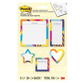 Post-it - Planificador de notas adhesivas, lista para hacer, mini lista, lista corta y formas, 5 almohadillas, 30 hojas/almohadilla, brillo optimista