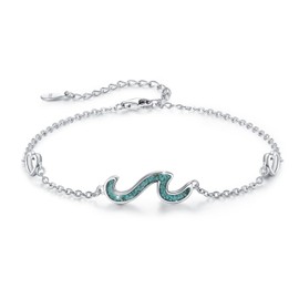Wave Bracelet 925 Sterling Silver Turquoise Wave Adjustable Bracelet Ocean Anklet for Women Wave Jewelry Gift for Her Birthday