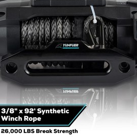 YUNFUER 3/8" x 92ft Synthetic Winch Rope Cable Kit, 26000LBS Winch Rope with Protective Sleeve + Forged Winch Hook and Safety Pull Strap for SUV (Gray)