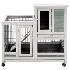 Esright Rabbit Hutch Pet House for Small Animals 37 inches Guinea Pig House Rabbit Cage with Run Bunny House Indoor 4 Casters Removable No Leak Trays & Ladder