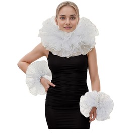 BPURB Renaissance Victorian Ruffle Collar and Wrist Cuffs Set Organza Layered Clown Choker Neck Collar Cuff (White-B)