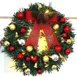 Xmas Wreath with 20 LED Lights and Bells Christmas Garland Light String Branch Lights for Living Room Fireplace and Windows