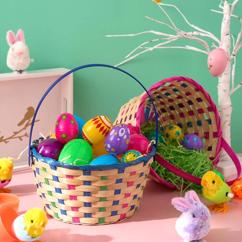 JOYIN 2 Pcs Easter Bamboo Plaid Basket, Blue & Pink