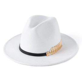 HUDANHUWEI Women's Wide Brim Fedora Panama Hat with Metal Belt Buckle (White)