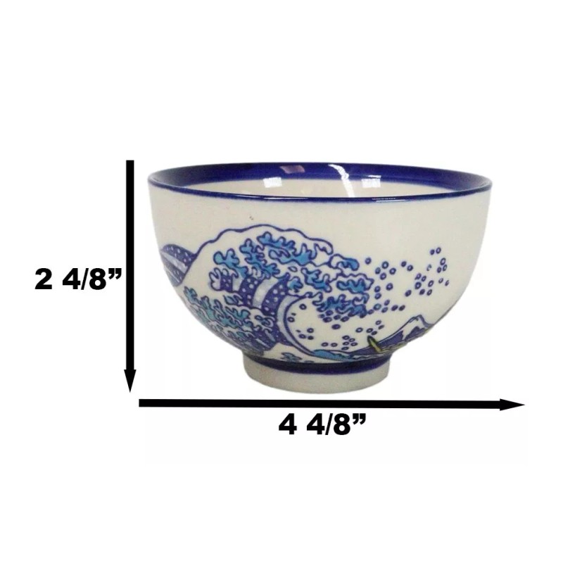 Pack Of 4 Blue Japanese Hokusai Great Wave Design Ceramic