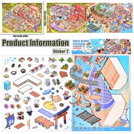 4 Sets DIY 3D Mini Animal House Sticker Scenes with Tweezers Make Your Own Pottery Shop Sushi Restaurant Fishing Ground Scene Stickers Cute Micro Room Stickers for Relief Stress Pass The Time