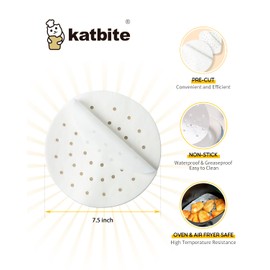 Katbite Air Fryer Parchment Paper Liners 120Pcs, 7.5 inch Perforated Parchment Paper, Heavy Duty & Non-stick Round Parchment Paper for Air Fryer Basket, Bamboo Steamer, Metal Steamer