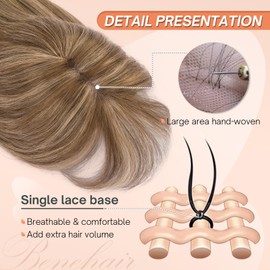 Benehair Human Hair Toppers for Women Clip in Hair Toppers for Daily Use 2 * 6cm Hand Made Lace Base Long Coverage Natural Hairpiece Wiglet #4P27 Medium Brown & Dark Blonde 12Inch