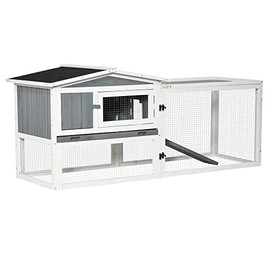 PawHut Rabbit Hutch 2-Story Bunny Cage Small Animal House with Slide Out Tray, Detachable Run, for Indoor Outdoor, Light Grey