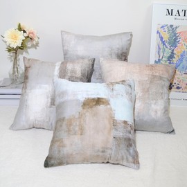 QUALKNOY Set of 4 Velvet Cushion Covers 40x40 cm Grey Modern Abstract Art Decorative Throw Pillow Cases 16x16 inches for Living Room Sofa Garden Outdoor Decor Pillowcases