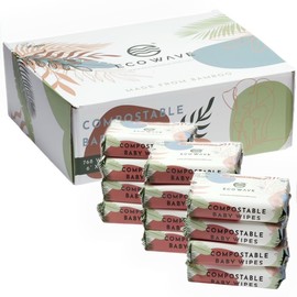 Eco Wave Baby Wipes, 100% Compostable Eco-Friendly Bamboo Wipes, Unscented, Hypoallergenic, Vegan, Alcohol-Free, Suitable For Sensitive Skin (Pack of 12)