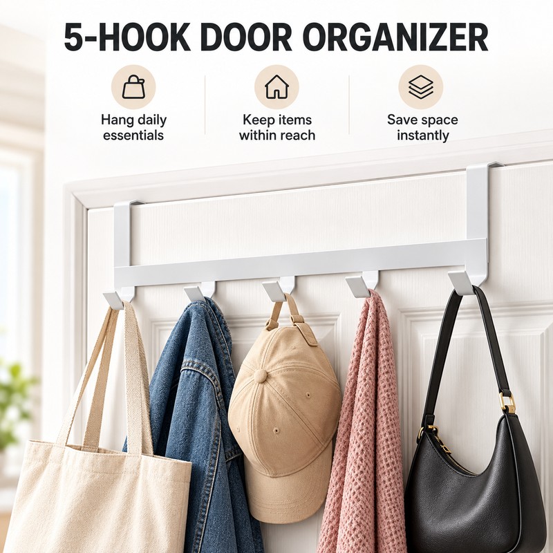 Over The Door Hook Hanger – 5-Hook Metal Door Organizer