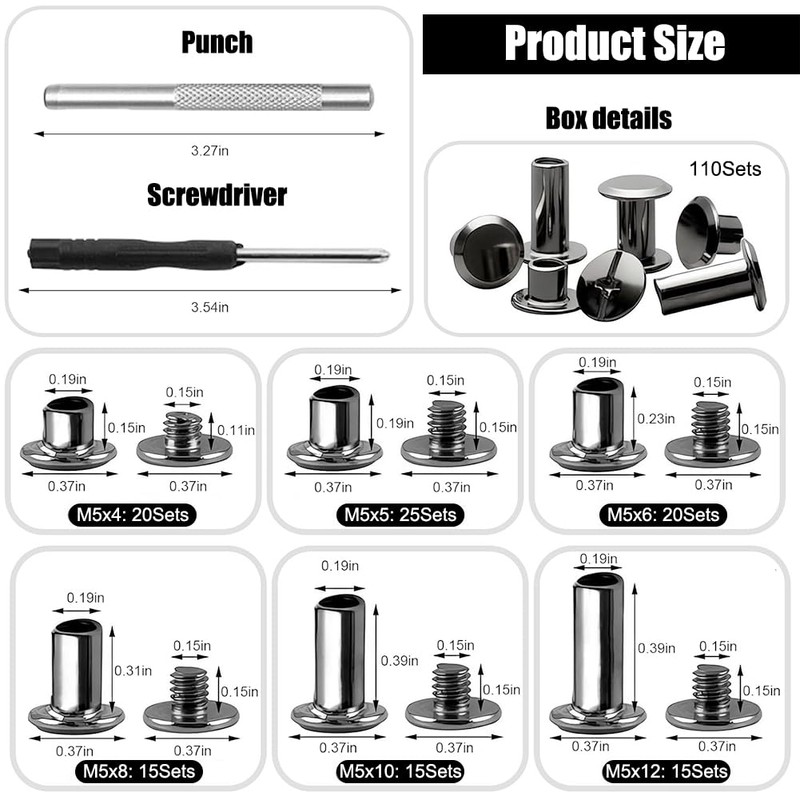 Chicago Binding Screws Set, 110 Pieces Chicago Screws, Stainless Steel