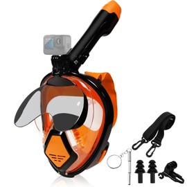 Snorkel Mask, Full Face Snorkel Mask Adults with Camera Mount, Check Valve Air Inlet, Snorkeling Gear for Adults Teen with Myopia Frame Clip, 180 Degree Panoramic View Snorkel Set, Black & Orange