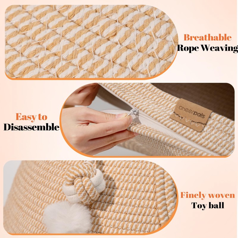 Cat Cave Bed with Washable Cushion and Ball, Handwoven Cotton