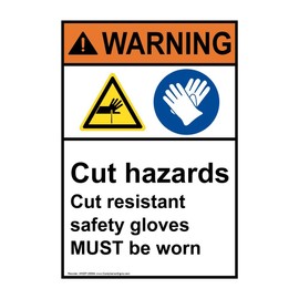 ComplianceSigns.com Vertical Warning Cut Hazards Cut Resistant Safety Gloves Must Be Worn ANSI Safety Label Decal with Symbol, 5x3.5 in. 4-Pack Vinyl for PPE