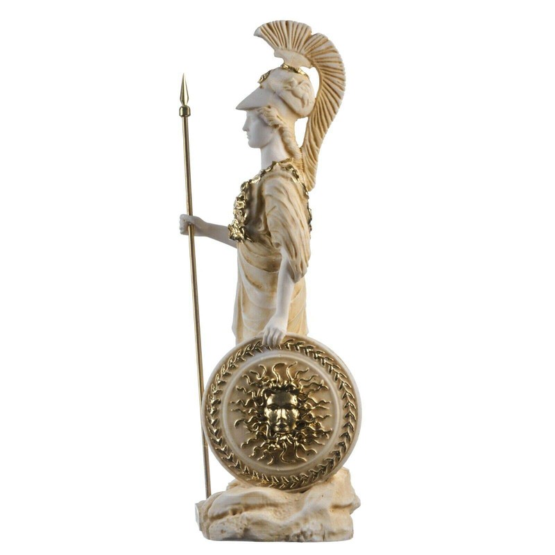 Athena With Owl Medusa Shield Greek Goddess Alabaster Statue Gold