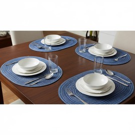 JEIYMIUW Woven Placemat Set of 4, Oval Place Mats, 12"X18" Wipeable Placemats, Heat-Resistant Durable Table Mats for Dining Table Easy to Clean (Blue)