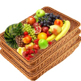 HEIHAK 3 PCS 16 Inch Poly-Wicker Bread Baskets, Woven Tabletop Food Serving Basket Organizer Tray, Rectangular Imitation Rattan Fruit Vegetable Basket for Home, Hotel, Party, Picnic, Brown