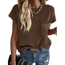 Imily Bela Summer Fall Short Sleeve Sweater for Women 2025 Crew Neck Ribbed Knit Vests Trendy Pullover Tops Coffee