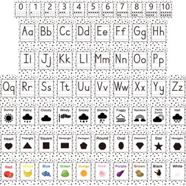 67 PCS Classroom Alphabet Number Educational Poster Cards with Weather Shape Color Learning Cards Decorations, Black and White Polka Dot Bulletin Board Letter, School Home Wall Decor for Teacher